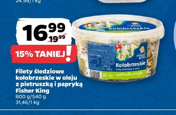 Filety śledziowe kołobrzeskie w oleju z pietruszką i papryką Fisher King promocja w Netto
