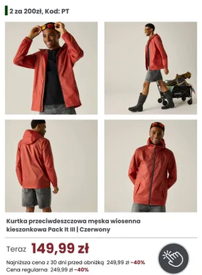 Kurtka przeciwdeszczowa męska wiosenna kieszonkowa Regatta Great Outdoors Pack It III czerwona promocja w Regatta