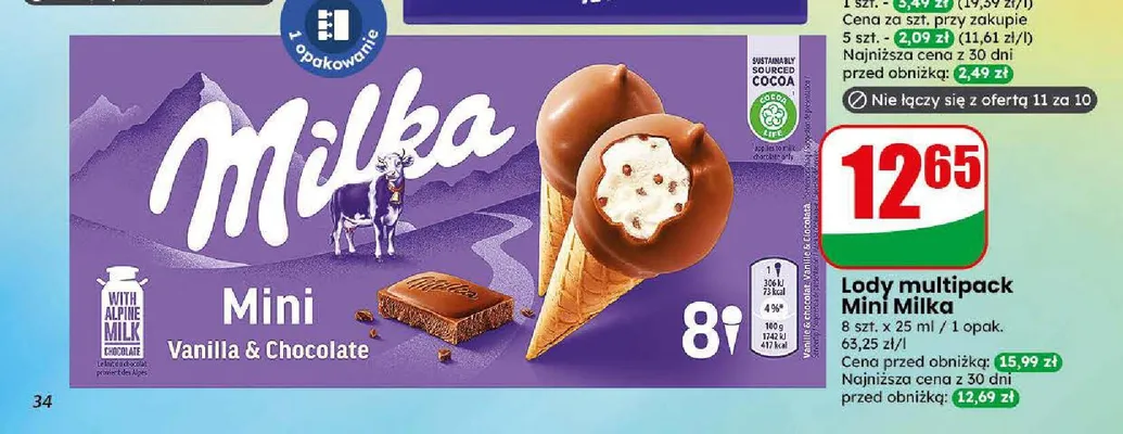 Lody multipack Mini Milka Vanilla & Chocolate 8-pak promocja w Dino