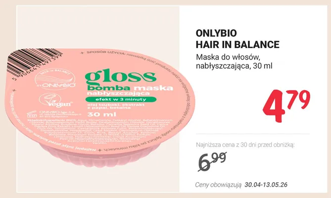 Maska do włosów nabłyszczająca ONLYBIO Hair in Balance promocja w Rossmann