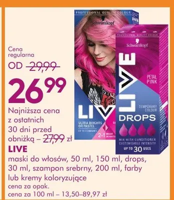 Maski do włosów, szampon srebrny 200ml, farby lub kremy koloryzujące Live promocja w Super-Pharm