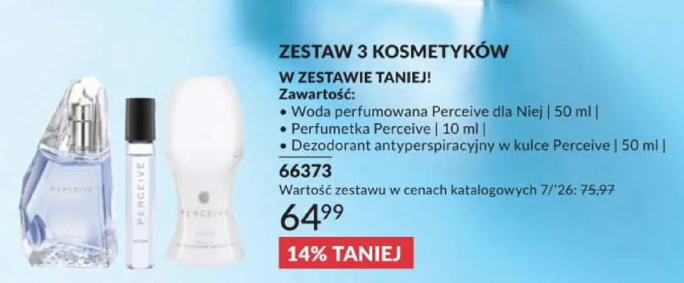 Zestaw woda perfumowana Perceive dla Niej + perfumetka Perceive + dezodorant antyperspiracyjny w kulce Perceive promocja w AVON