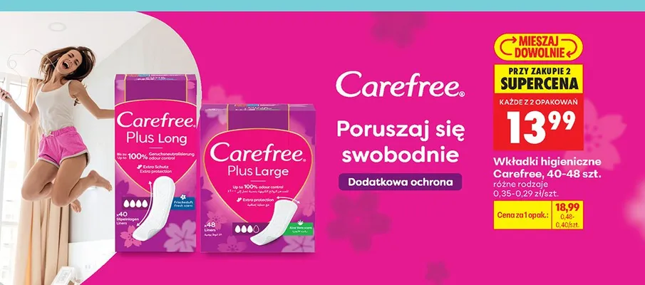Wkładki higieniczne Carefree Plus Large promocja w Biedronka
