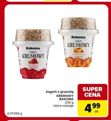 Jogurt z brzoskwiniami i granolą Kremowy Bakoma promocja w Carrefour Market