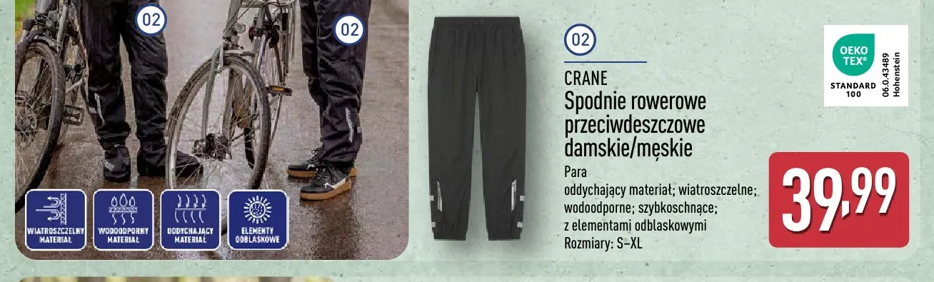 Spodnie rowerowe przeciwdeszczowe damskie/męskie Crane promocja w Aldi