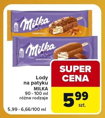 Lody na patyku Milka Caramel Crunch promocja w Carrefour Express