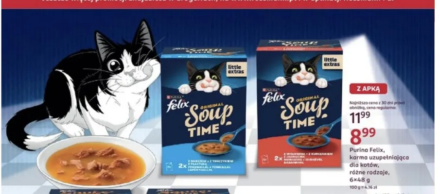 Karma uzupełniająca dla kotów Purina Felix Soup Time z dorszem z tuńczykiem z płastugą 6-pak promocja w Rossmann