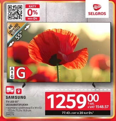 Telewizor LED Samsung 55'' UE55U8072FUXXH 4K Ultra HD 3840x2160 122,4x75,9x19,9cm promocja w Selgros
