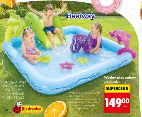 Wodny plac zabaw ze zjeżdżalnią Bestway wym. 240x206x86cm poj. 308l promocja w Biedronka