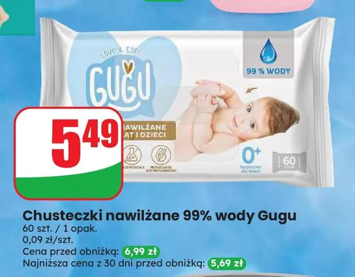 Chusteczki nawilżane 99% wody Gugu promocja w Dino