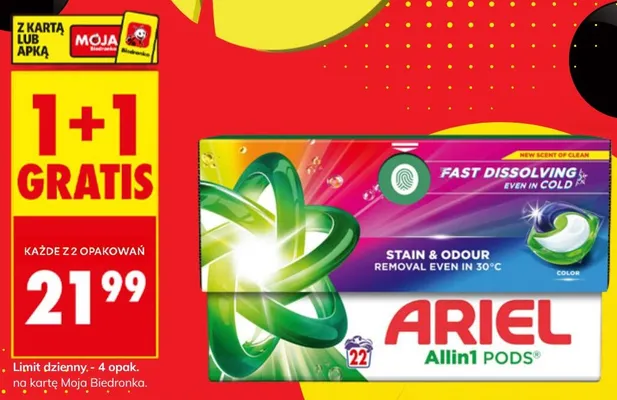 Kapsułki do prania Ariel Allin1 Pods Color Stain & Odour promocja w Biedronka
