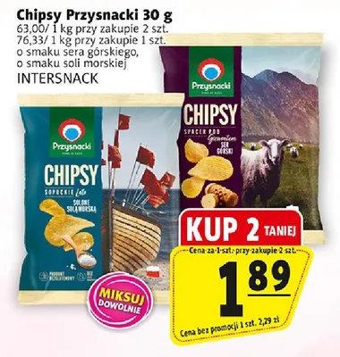 Chipsy przysnacki o smaku sera górskiego promocja w Prim Market