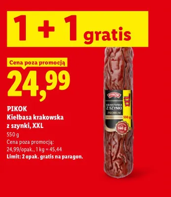 Kiełbasa krakowska z szynki XXL Pikok promocja w Lidl