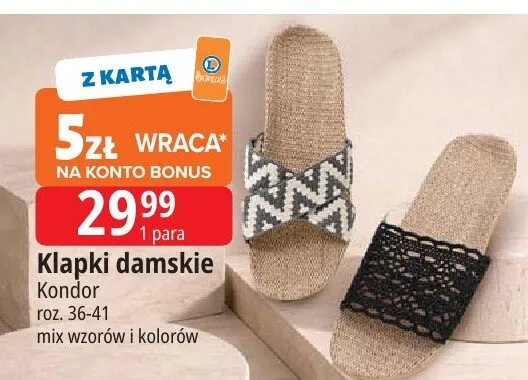 Klapki damskie Kondor roz. 36-41 mix wzorów i kolorów promocja w Leclerc