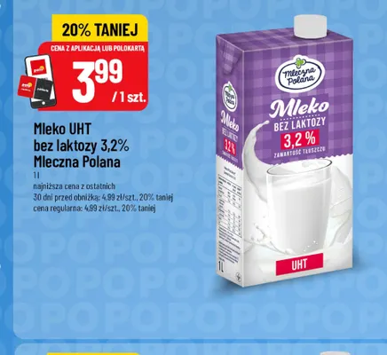 Mleko UHT bez laktozy Mleczna Polana 3,2% promocja w POLOmarket
