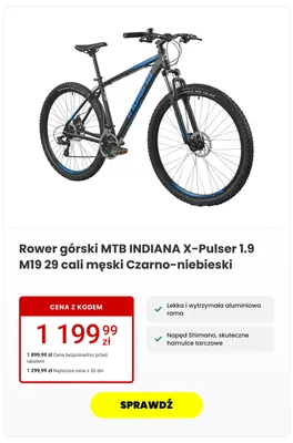 Rower górski MTB INDIANA X-Pulser 1.9 M19 29 cali męski Czarno-niebieski promocja w Media Expert