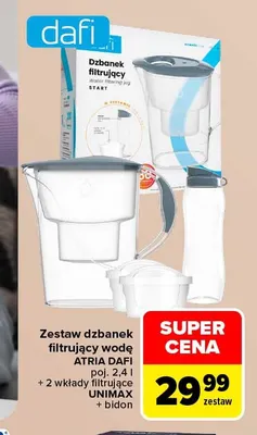 Zestaw dzbanek filtrujący wodę Atria Dafi poj. 2,4 l + 2 wkłady filtrujące Unimax + bidon promocja w Carrefour