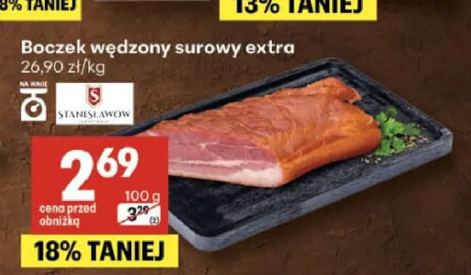 Boczek wędzony surowy extra Stanisławów promocja w Delikatesy Centrum