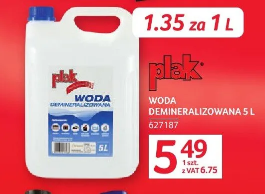 Woda demineralizowana PLAK 5l promocja w Selgros