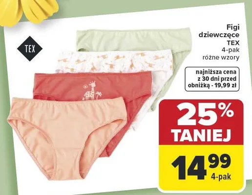 Figi dziewczęce TEX 4-pak różne wzory 25% taniej promocja w Carrefour