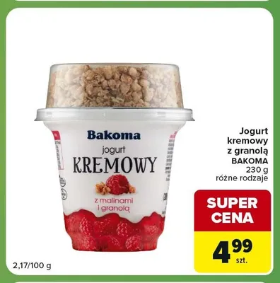 Jogurt kremowy z malinami i granolą Bakoma promocja w Carrefour Express