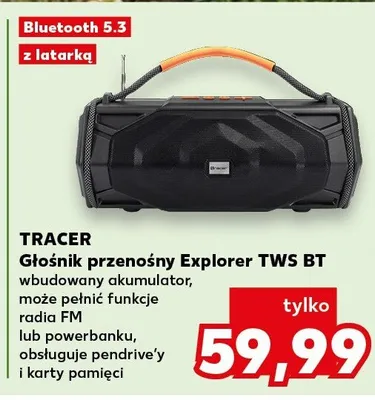 Głośnik przenośny Explorer TWS BT wbudowany akumulator, może pełnić funkcję radia FM lub powerbanku, obsługuje pendrive'y i karty pamięci promocja w Kaufland