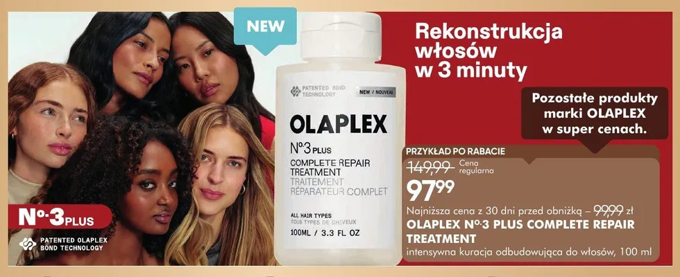 Intensywna kuracja odbudowująca do włosów OLAPLEX No.3 Plus Complete Repair Treatment promocja w Super-Pharm