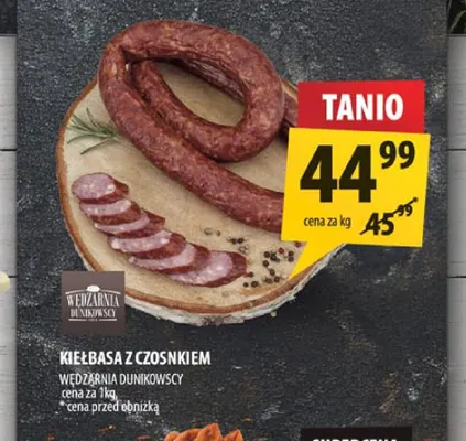 Kiełbasa z czosnkiem Wędzarnia Dunikowscy promocja w Arhelan