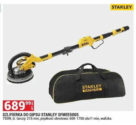 Szlifierka do gipsu STANLEY SFMEE500S 750W śr. tarczy: 215mm prędkość obrotowa: 600-1700 obr/1 min walizka promocja w Merkury Market