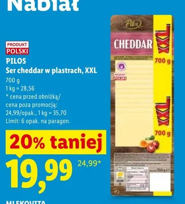 Ser cheddar w plastrach XXL Pilos promocja w Lidl