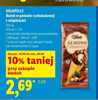 Rożek w polewie czekoladowej z migdałami Gelatelli promocja w Lidl