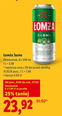 Piwo Łomża Jasne Ośmiosztuk promocja w Lidl