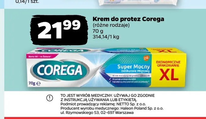 Krem do protez Corega Super Mocny Delikatnie Miętowy promocja w Netto