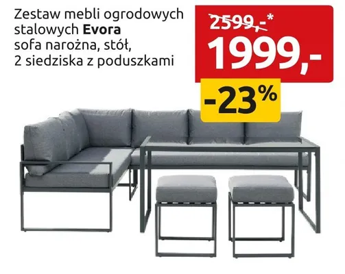 Zestaw mebli ogrodowych stalowych sofa narożna, stół, 2 siedziska z poduszkami promocja w Black Red White