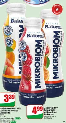 Jogurt pitny typ grecki Mikrobiom Bakoma malina-granat promocja w Dino