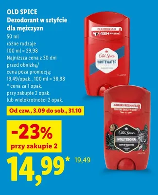 Dezodorant w sztyfcie dla mężczyzn Old Spice Whitewater promocja w Lidl