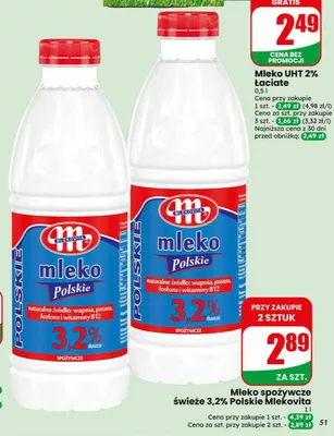Mleko spożywcze świeże 3,2% Polskie Mlekovita promocja w Dino