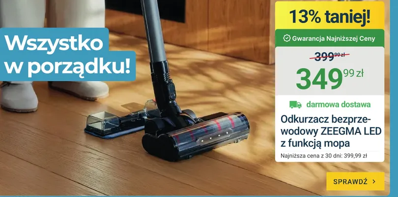 Odkurzacz bezprzewodowy Zeegma LED z funkcją mopa promocja w ERLI