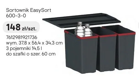 Sortownik EasySort 600-3-0 wym. 37,8x56,4x34,3cm 3 pojemniki 14,5l do szafki o szer. 60cm promocja w Castorama