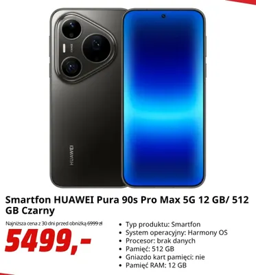Smartfon Huawei Pura 90s Pro Max 5 g 12 GB/ 512 Gb czarny promocja w Media Markt