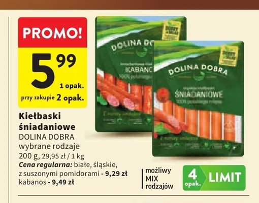 Kiełbaski śniadaniowe kabanos Dolina Dobra promocja w Intermarche