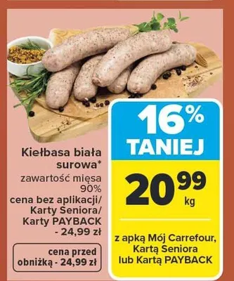 Kiełbasa biała surowa zawartość mięsa 90% promocja w Carrefour
