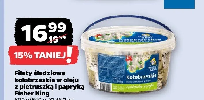 Filety śledziowe kołobrzeskie w oleju z pietruszką i papryką Fisher King promocja w Netto
