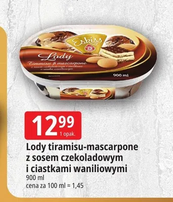 Lody tiramisu-mascarpone z sosem czekoladowym i ciastkami waniliowymi Eskiss promocja w Leclerc