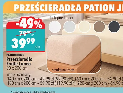 Prześcieradło Frotte Luneo PATION HOME 90x200cm promocja w Biedronka