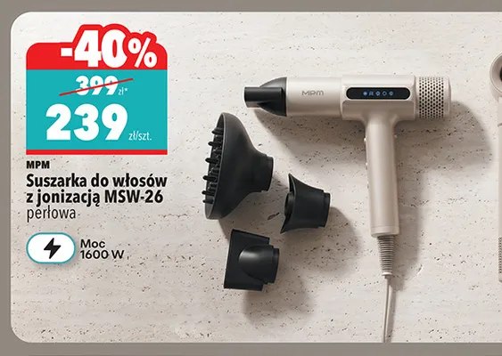 Suszarka do włosów z jonizacją MSW-26 perłowa Mpm promocja w Biedronka