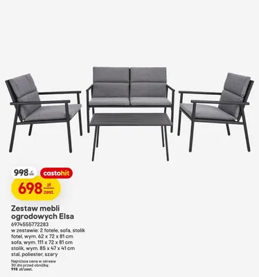 Zestaw mebli ogrodowych Elsa 2 fotele 62x72x81cm sofa 111x72x81cm stolik 85x47x41cm stal poliester szary promocja w Castorama
