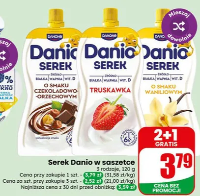 Serek Danio w saszetce o smaku truskawkowym Danone promocja w Dino