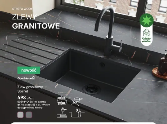 Zlew granitowy GoodHome Sorrel czarny dł. 46 x szer. 55 x gł. 19,4cm promocja w Castorama