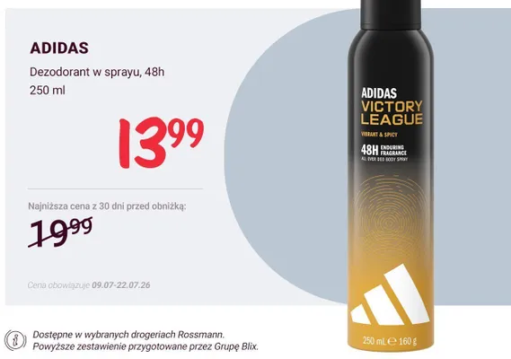 Dezodorant w sprayu Adidas Victory League 48h promocja w Rossmann